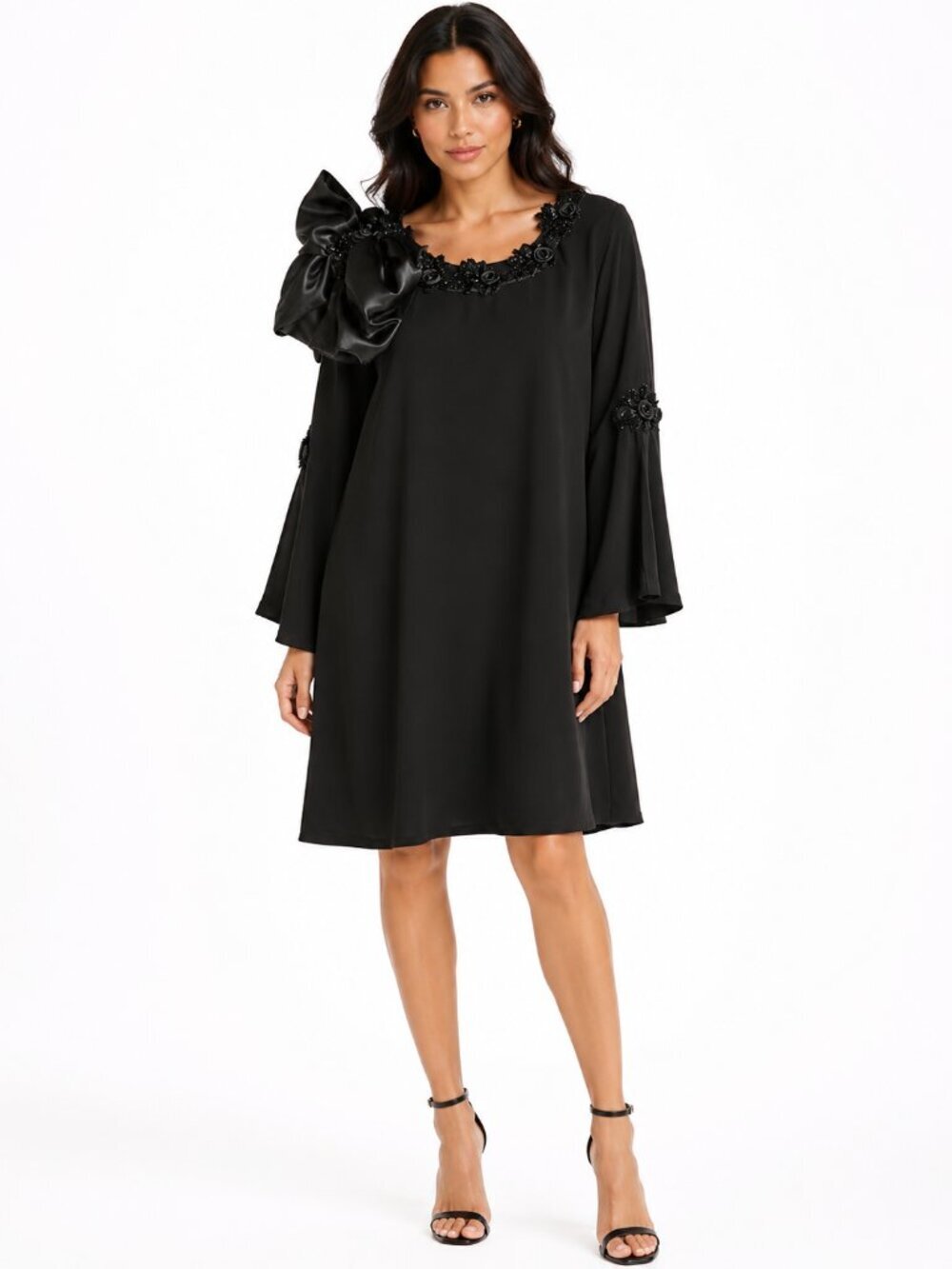 Nina Leonard Black Embellished Shift Dress 1X Statement Bow Sleeve